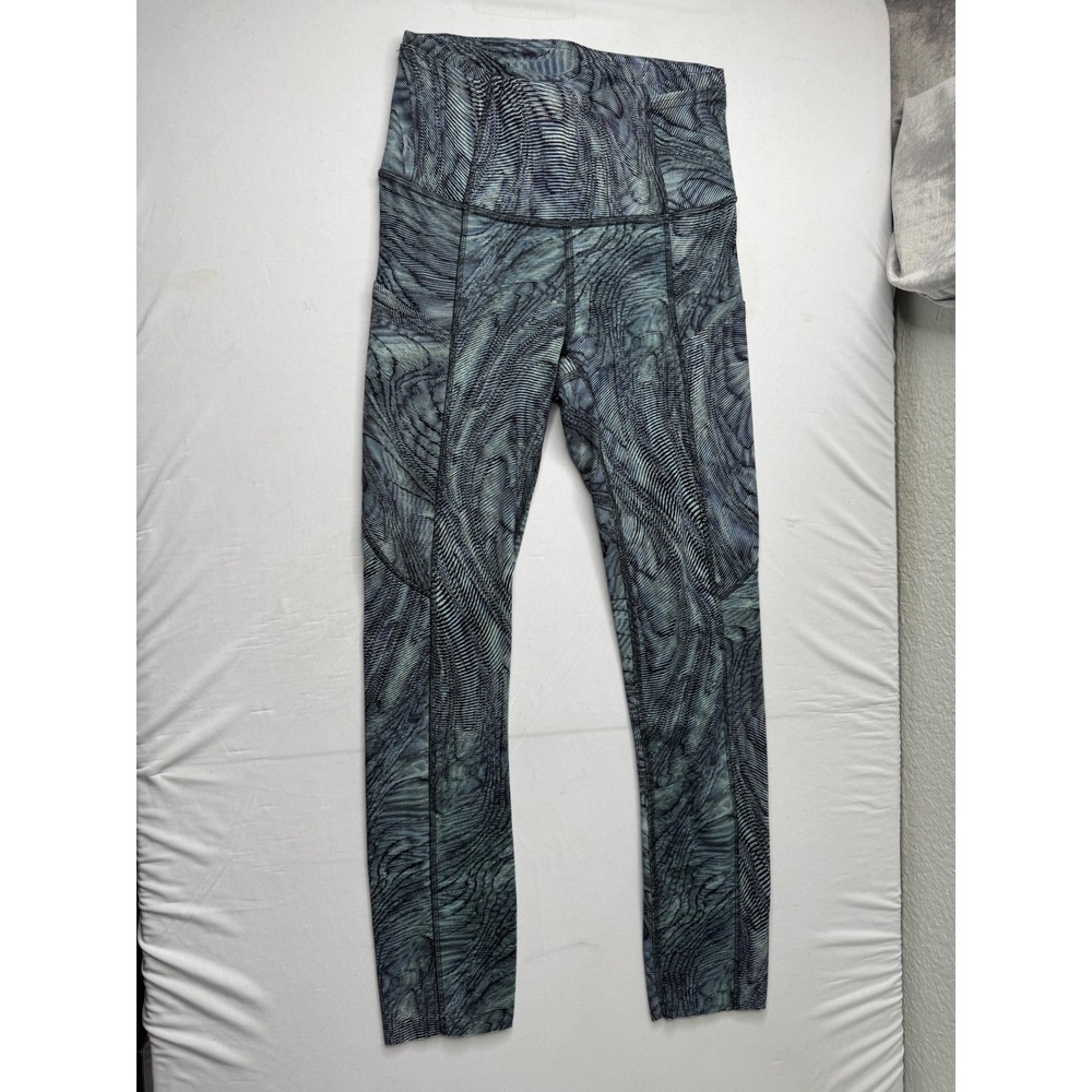 Lululemon High Rise Leggings Size 0 Blue Green Wave Print Side Pockets 23 Inseam